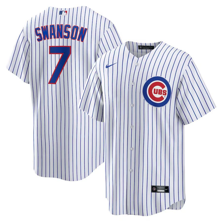 Men Chicago Cubs #7 Dansby Swanson Nike White Royal Home Replica Player MLB Jersey